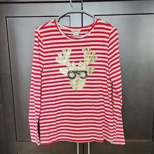 Red and White Striped Christmas Long Sleeve Tee with Gold Reindeer Glasses